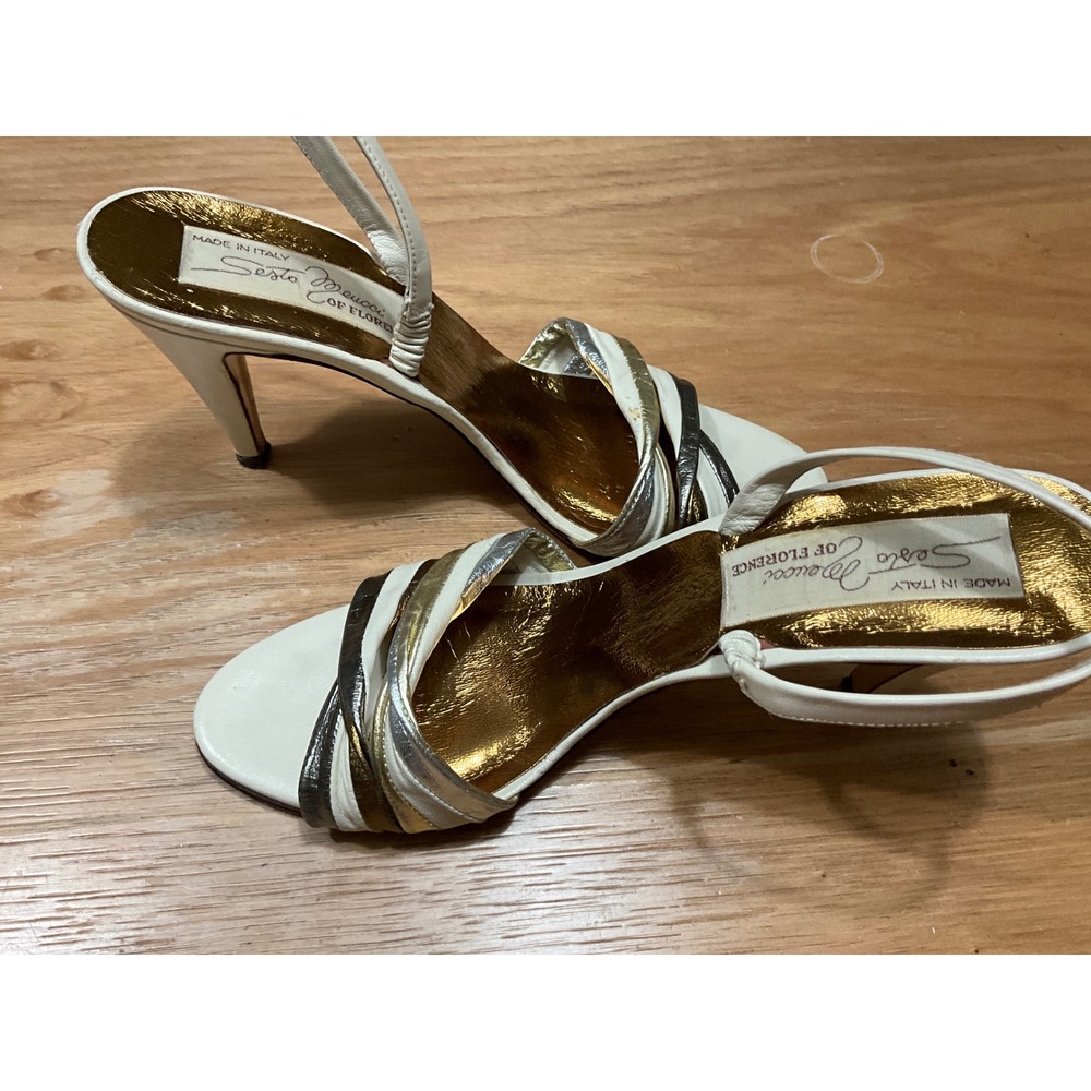 Sesto Meucci Florence Italy White Metallic Strappy Slingback Heels Sandals 7.5AA